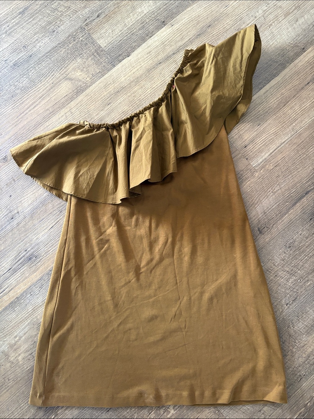 A New Day Off-Shoulder Ruffle Dress in Gold Mustard